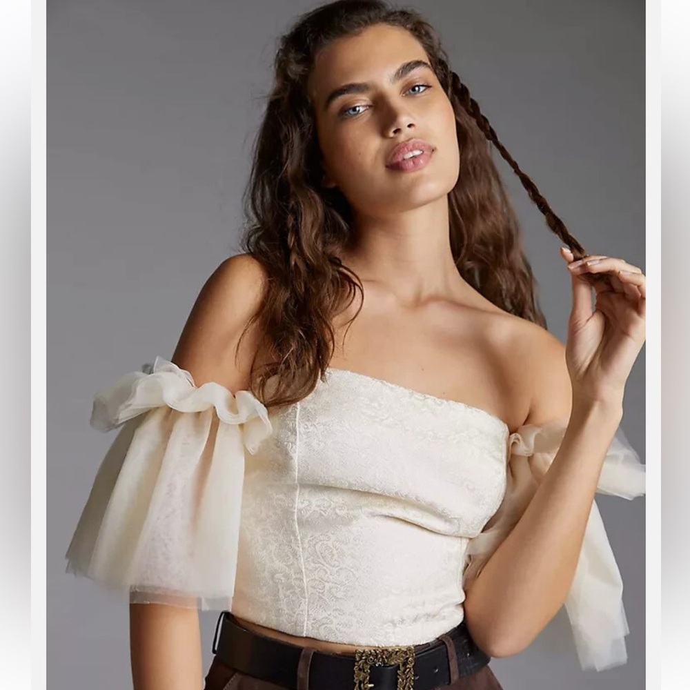 ANTHROPOLOGIE SUNDAY IN BROOKLYN TULLE OFF THE SHOULDER BLOUSE TOP IVORY XL